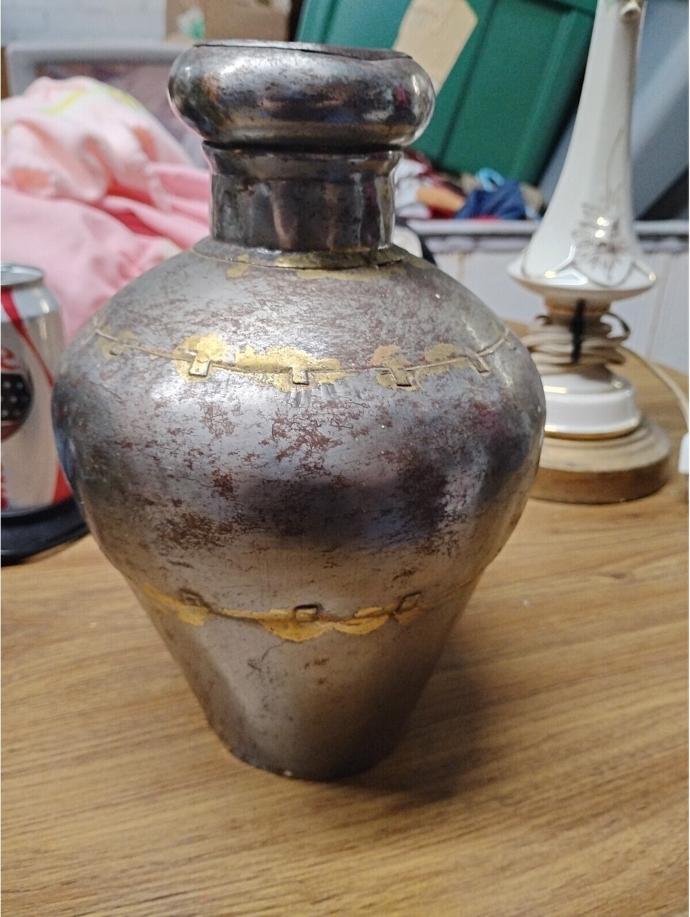 Vintage Dovetailed Metal Indian Water Jug Vessel Bottle 9”H